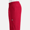 A pair of red men's joggers featuring full elastic waistband and side pockets. The joggers have a branding logo.