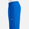 A pair of blue full elastic joggers with pockets and an elastic waistband. Features a branding logo.