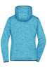 A blue knitted fleece hoodie features a hood and a textured finish, showcasing a snug design with contrasting trim.