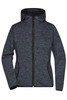 A ladies knitted fleece hoodie in dark grey, featuring a zip front and a hood, with a logo present.