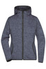A ladies knitted fleece hoodie in a dark navy shade, featuring a zip front and a hood. It has a logo on it.