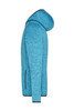 A blue knitted fleece hoodie with a side view, featuring a hood and zippered pockets. It has a logo on the design.