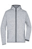 A men's knitted fleece hoodie in light grey with a zippered front and side pockets. Features a logo on the hood.