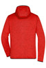 A red knitted fleece hoodie with a hood and long sleeves, featuring a branding logo.