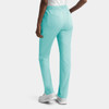 A pair of women's cargo pants in turquoise with a full elastic waistband and back pockets.