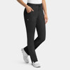 A pair of black cargo pants with a full elastic waistband, featuring pockets and worn with white footwear.
