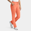 A pair of women's cargo pants in bright orange, featuring a full elastic waistband and side pockets.