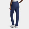 A pair of women's navy cargo pants with a full elastic waistband, featuring a sleek design and side slits at the hem.