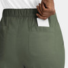 A pair of women's cargo pants in olive green, featuring a full elastic waistband and a rear pocket.
