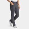 A pair of women's cargo pants in dark grey with a full elastic waistband and side pockets, featuring a logo.