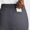 A pair of grey cargo pants with an elastic waistband, featuring a back pocket holding a phone.
