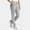 Grey women's cargo pants with a full elastic waistband and pockets, paired with white footwear.
