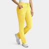 Yellow cargo pants with a full elastic waistband and pockets, paired with a white top and white footwear.