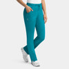 Teal women's cargo pants with a full elastic waistband, featuring pockets and a logo. Suitable for various occasions.