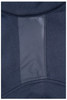 A close-up of a navy blue knitted fleece jacket featuring a smooth, contrasting panel. The jacket has a logo.