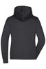 A black ladies hooded jacket featuring a solid design and a hood, with a logo on the back.
