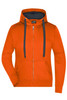 An orange ladies hooded jacket with a zip and contrasting navy inside. Features a logo and two front pockets.