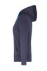 A navy ladies hooded jacket with a contrasting blue lining, featuring a front pocket and a logo on the side.