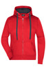 A red hooded jacket with a front zipper and pockets, featuring a contrasting dark navy interior.