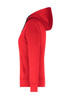 A red ladies hooded jacket featuring a front pocket and long sleeves, displayed from a side view.