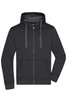 A men's hooded jacket in black with a zip front, featuring a grey-lined hood and front pockets. It has a logo.
