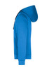 A blue hooded jacket featuring a front pocket and a logo. The fabric appears soft and comfortable.