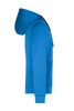 A blue men's hooded jacket displayed from the side, featuring a front pocket and a logo on the chest.