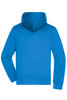 A blue men's hooded jacket with a back view, featuring long sleeves and a hood. Includes a logo.