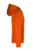 An orange men's hooded jacket with a front pocket and a hood. It features a logo on the chest.