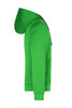 A green hooded jacket with a front pocket and a logo on the side.