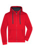 A red hooded jacket with a contrasting dark grey inner hood and a front pocket. It features a zip closure and drawstrings.