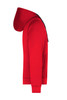 A red men's hooded jacket, featuring a front pocket and a hood, shown from the side. The product has a logo.