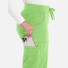 A pair of women's joggers in bright green, featuring side pockets and a drawstring waistband, with a phone tucked inside.