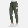 A pair of women's jogger pants in olive green, featuring a drawstring waist and pockets.