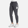 A pair of grey women's joggers with a tapered leg and elastic waistband, featuring pockets and a logo.