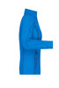 A side view of a vibrant blue ladies' polar fleece jacket featuring a zip pocket and a high collar.