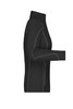 A black ladies' polar fleece jacket with a zippered pocket and a fitted design. It has a logo on the chest.