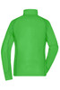 A polar fleece jacket in bright green with a high collar and long sleeves, featuring a logo on the back.