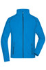 A blue polar fleece jacket with a high collar and zippered front, featuring contrasting black details and pockets.