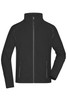 A black men's fleece jacket with a zip front, high collar, and side pockets, featuring a logo.