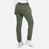 A pair of women's cargo pants in olive green with an elastic waistband and side pockets, featuring a logo.