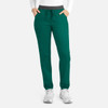 Womens cargo pants in green with a grey contrast waistband, featuring side pockets and a relaxed fit.