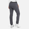 Women’s grey cargo pants featuring an elastic waistband and side pockets, with a logo on the back.