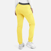A pair of women's cargo pants in bright yellow, featuring an elastic waistband and side pockets.