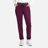 A pair of women's cargo pants in a deep plum colour with a contrasting grey waistband and pockets.