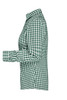 A green and white checked blouse with a button-up design, featuring long sleeves and a collar.