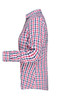 A checked blouse in red, white, and navy, featuring a button-up design and long sleeves. It has a logo.