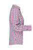 A side view of a ladies' button-up blouse featuring a red, white, and blue checked pattern. It has a collar and buttoned cuffs.