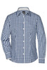 A button-up shirt with a blue and white checked pattern, featuring a collar and long sleeves. It has a logo on the label.