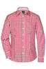 A red and white checked blouse with a button-up front and long sleeves, featuring a logo on the collar.
